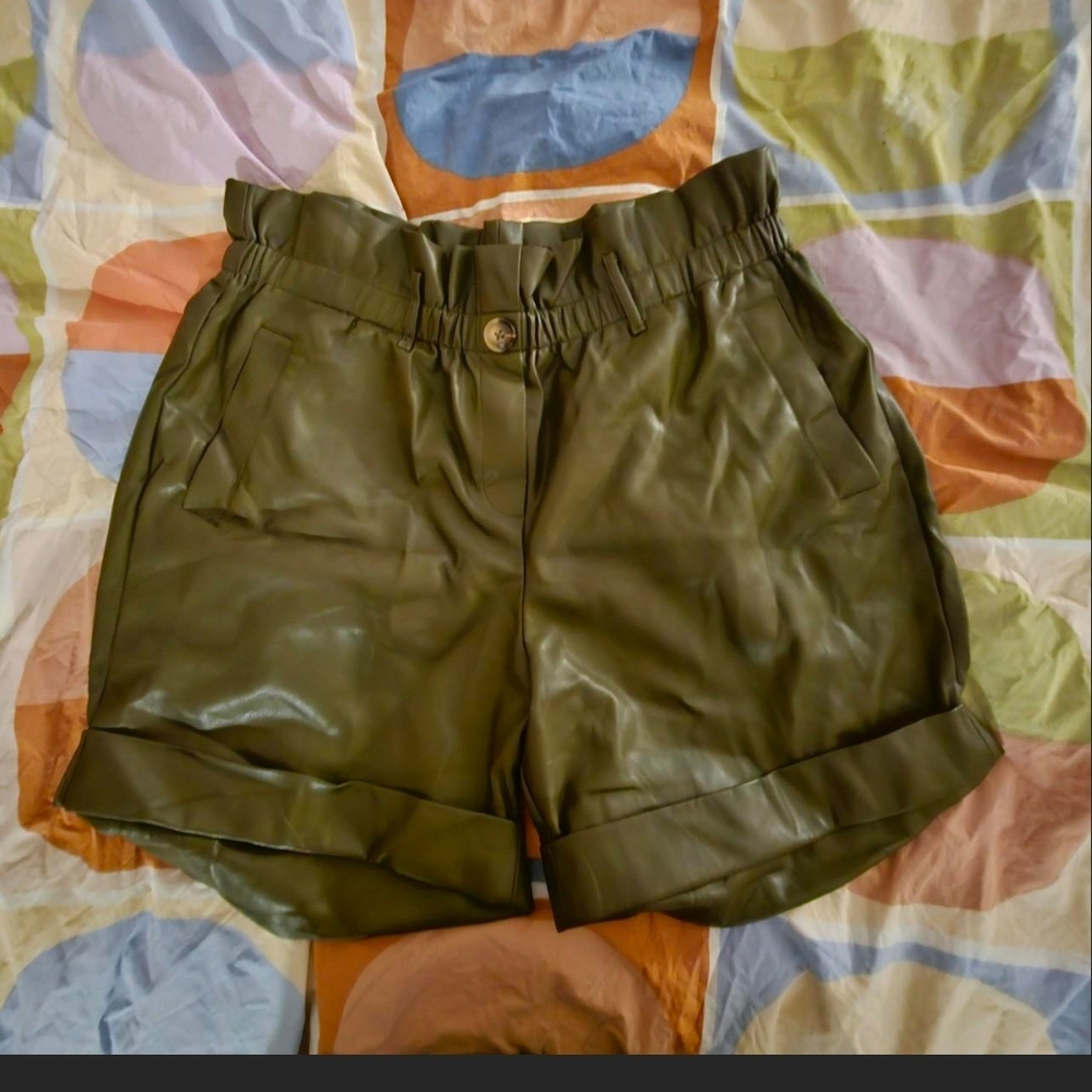 Noize Olive Green Vegan Leather Shorts